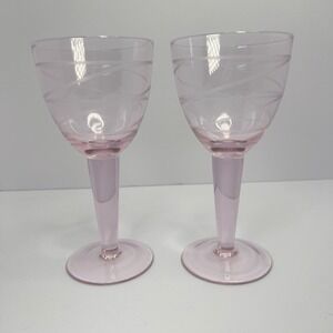 Vintage Pink MCM Wine Glasses Etched Swirl Pattern Thick Stem  7" Set of 2